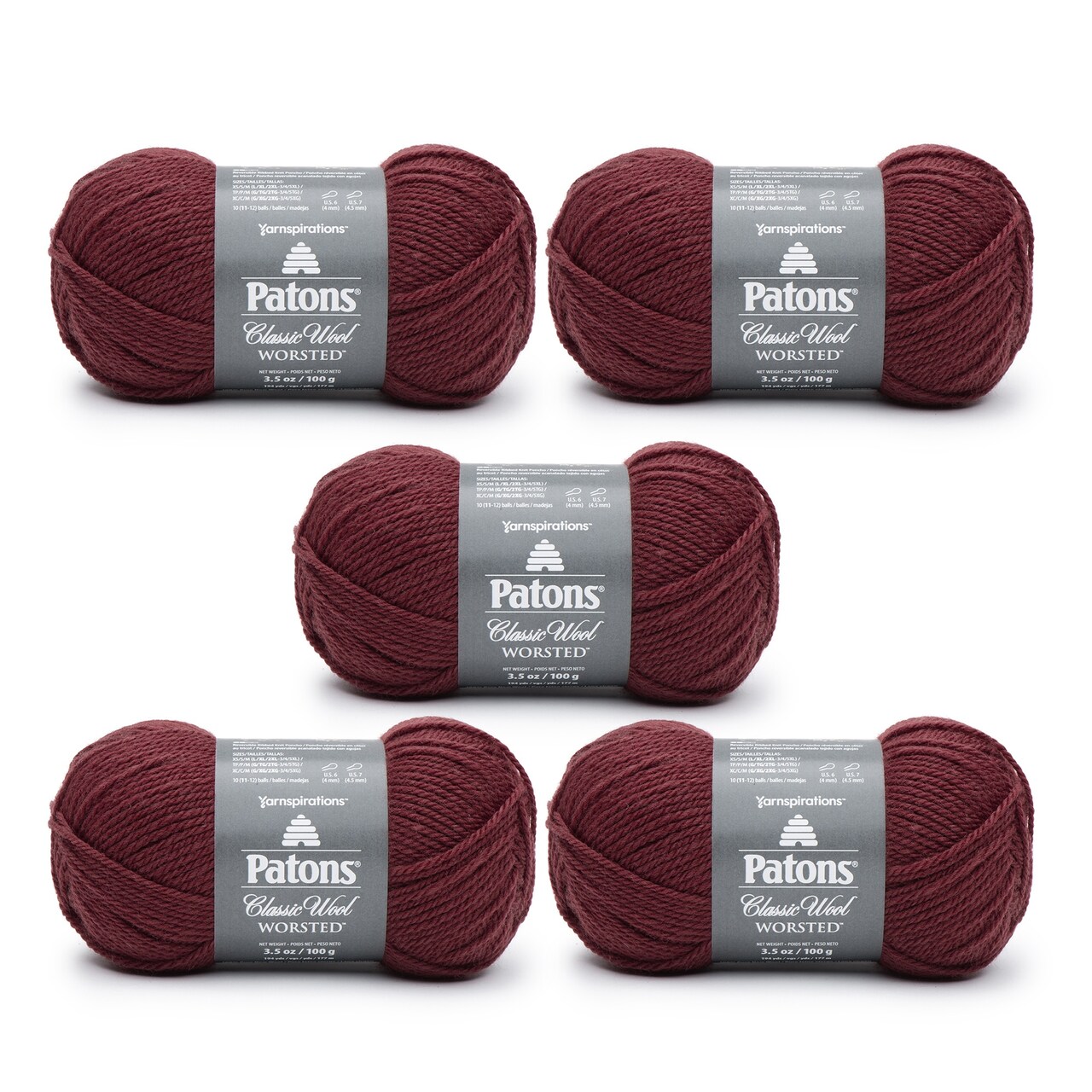 Patons Classic Wool Claret Yarn - 5 Pack of 3.5oz/100g - Wool - 4 Medium - 210 Yards - Knitting/Crochet